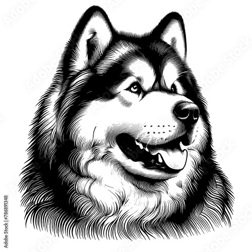 Alaskan Malamute portrait. Realistic Hand Drawn Pen and Ink. Vector Isolated in White. Engraving vintage style illustration for print, tattoo, t-shirt, sticker	