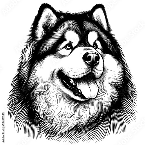 Alaskan Malamute portrait. Realistic Hand Drawn Pen and Ink. Vector Isolated in White. Engraving vintage style illustration for print, tattoo, t-shirt, sticker	