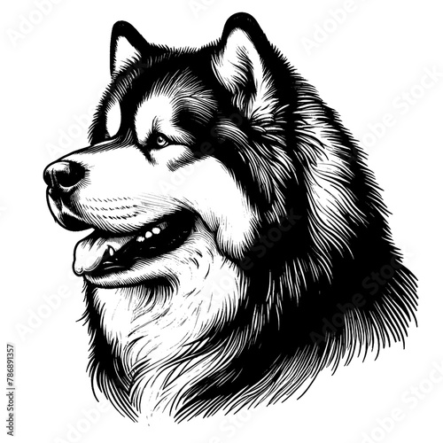 Alaskan Malamute portrait. Realistic Hand Drawn Pen and Ink. Vector Isolated in White. Engraving vintage style illustration for print, tattoo, t-shirt, sticker	