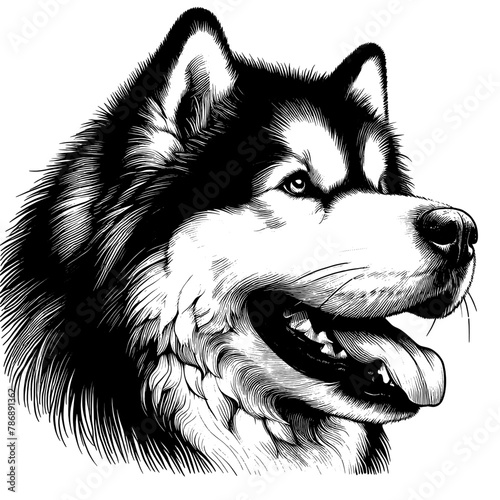 Alaskan Malamute portrait. Realistic Hand Drawn Pen and Ink. Vector Isolated in White. Engraving vintage style illustration for print, tattoo, t-shirt, sticker	