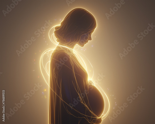 An illustration of a glowing pregnant woman in profile.