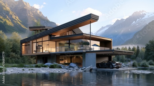 Generate a 3D representation of a modern and inviting riverside house with a garage, offered for sale or rent, surrounded by breathtaking mountains © lara