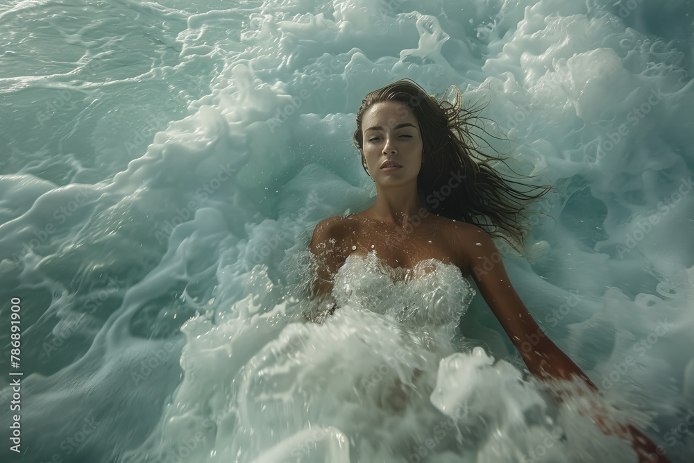 Woman Immersed in Turbulent Ocean Waters.
