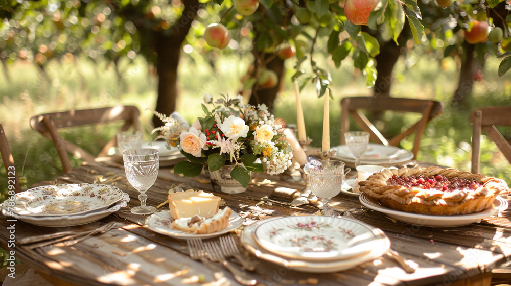A vintage-inspired picnic scene in a sun-dappled orchard, featuring a quaint wooden table set with delicate china, fresh flowers, and homemade pies straight from the oven.