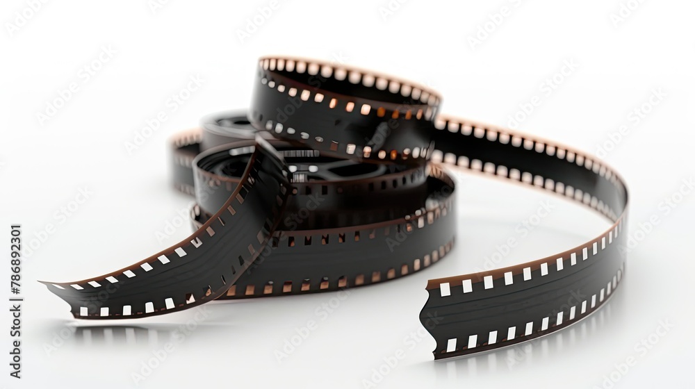 Generate a detailed 3D rendering of an isolated 35mm film strip on a white background, with meticulously rendered film frames.