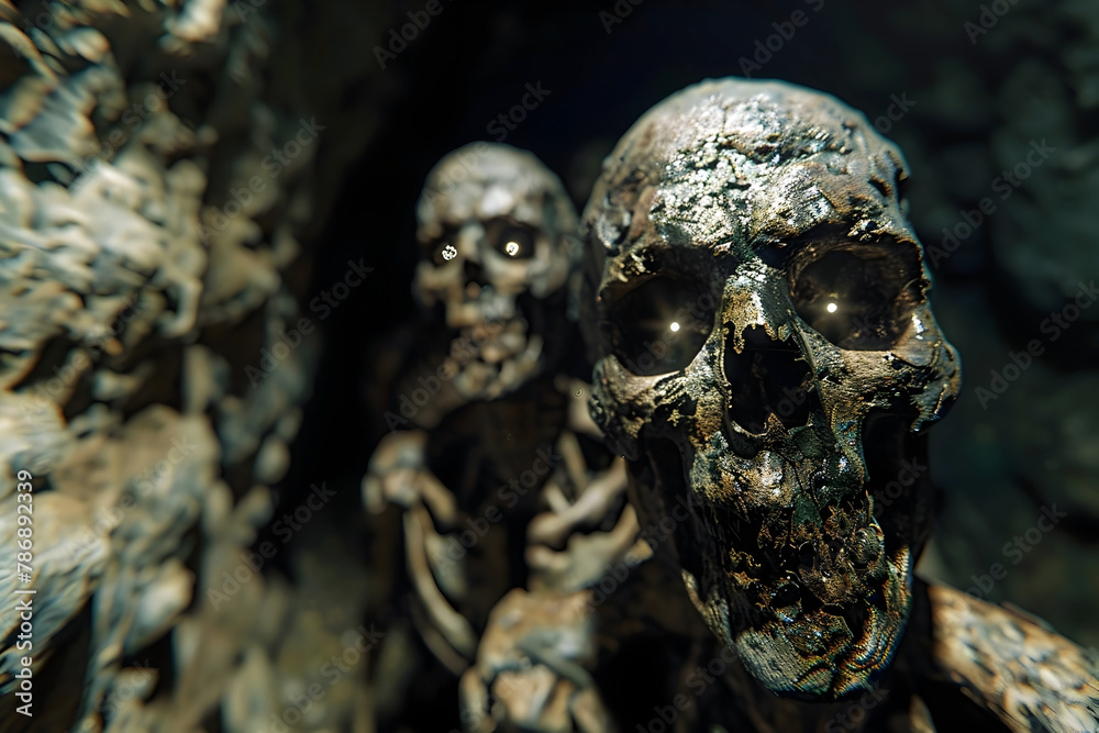 Sinister Undead Creatures Lurking in the Depths of a Haunting Cave,Glowing Eyes Radiating 3D Render with Cinematic Flair Sinister Undead Creatures Lurking in the Depths of a Haunting Cave,Glowing Eyes Radiating 3D Render with Cinematic Flair
