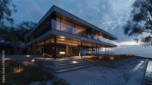 Generate a high-quality 3D rendering of a sleek and minimalist modern house © lara