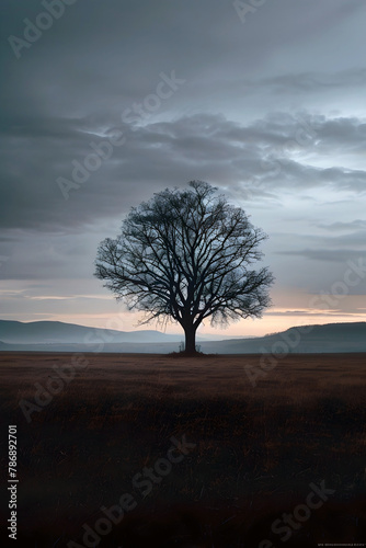 Solitary Tree Stands Silhouetted Against the Moody Dusk Sky Shrouded in an Atmospheric Aura of Uncertainty and Fear