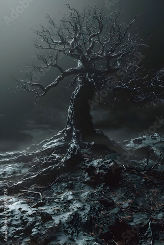 Solitary Umbral Tree Embracing the Darkness,Gripping the Land in its Poisonous Embrace photo