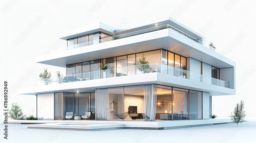 Generate a stunning 3D rendering of a luxurious modern home isolated on Earth with a pristine white background