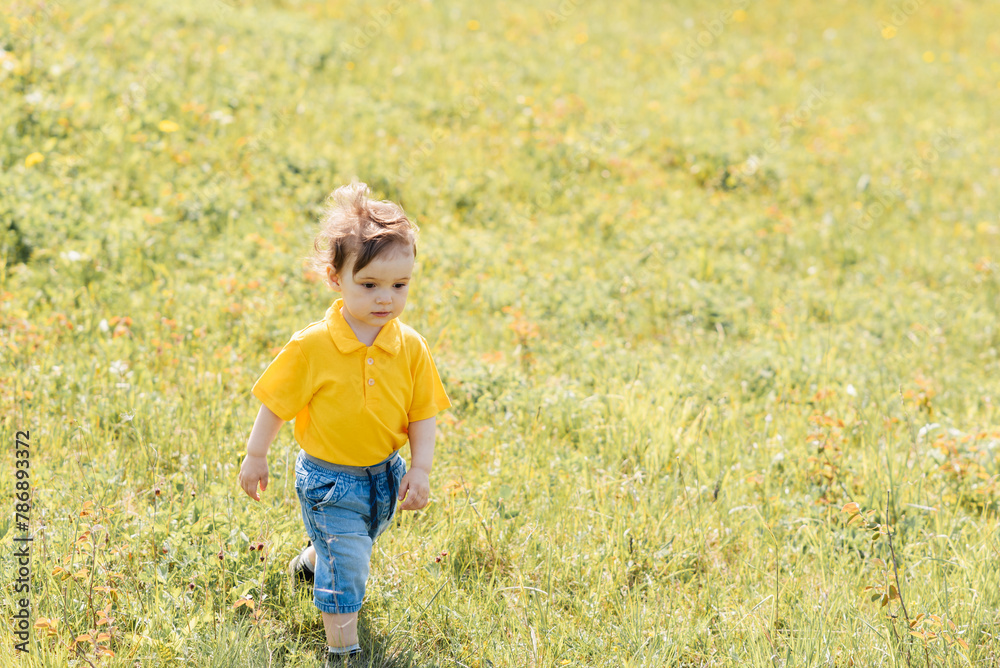happy boy runs and plays outdoors in a field happy boy runs and plays outdoors in a field