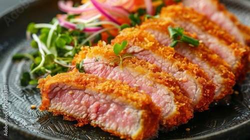 Japanese or korean style Tonkatsu, crispy breading and thin slices of meat, food photography, 16:9