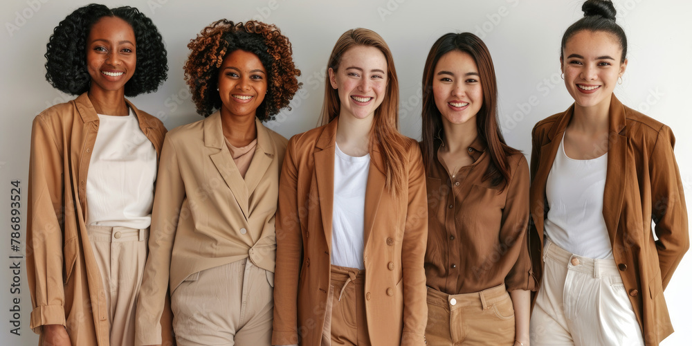 A group of women of various ethnicities, each wearing casual business attire, stand side by side and smile at the camera.