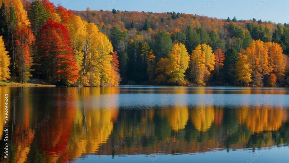 A photo of colorful trees by a lake.

