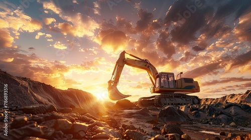 Generate an evocative 3D rendering of an excavator at work against the stunning backdrop of a sunset photo