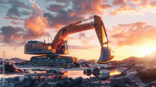 Generate an evocative 3D rendering of an excavator at work against the stunning backdrop of a sunset