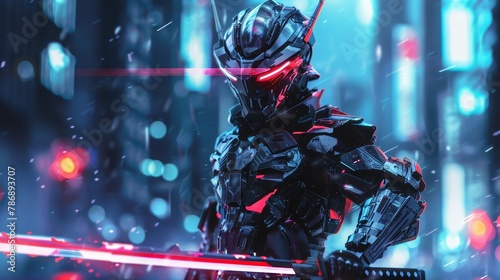 Futuristic samurai with neon armor, cyber honor, blade of light photo