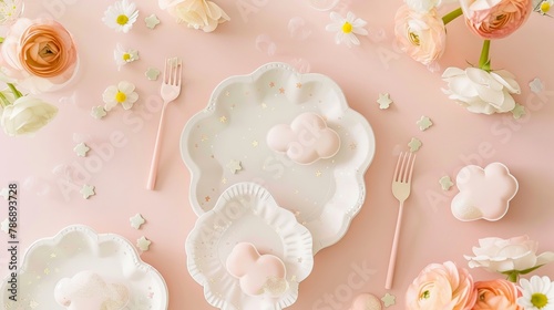 Design a serene April baby shower with cloudshaped plates and spring elements, complete with free matching printable tags