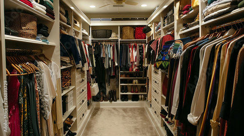 An organized walk-in closet with clothes and accessories. photo
