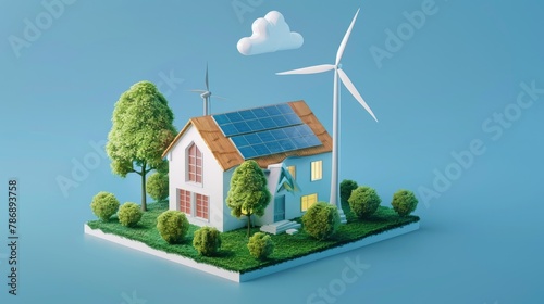 Generate an isometric 3D rendering portraying an energy-efficient home equipped with solar panels and a wind turbine