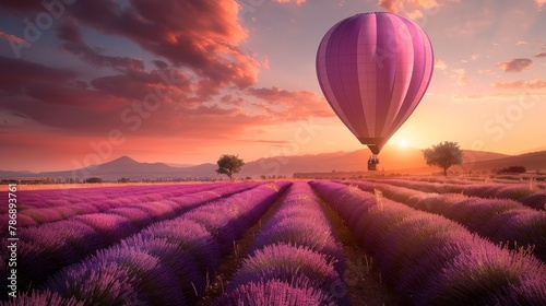 Hot air balloon soaring over lavender fields, early morning light, freedom and serenity