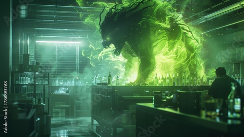 Interdimensional beast phasing into a lab, quantum anomaly, surreal invasion
