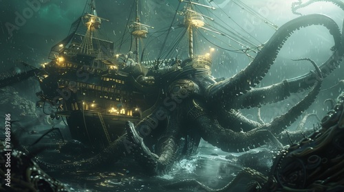 Mechanical kraken rising from the abyss  steampunk ocean terror  submerged nightmare