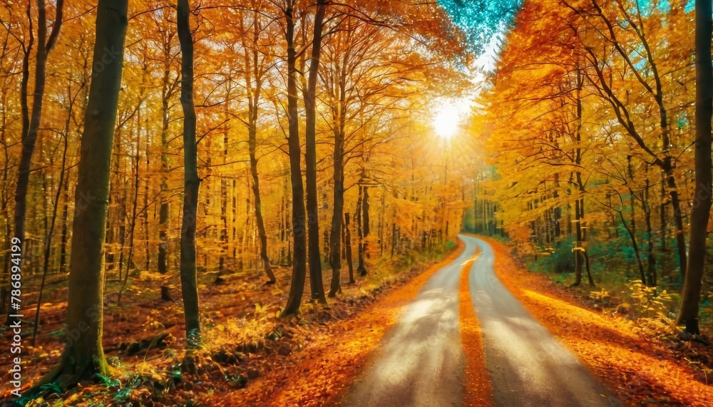Spectacular autumn countryside with a road path through a dense forest and bright golden sunlight. Forest in shades of orange and teal in the fall.