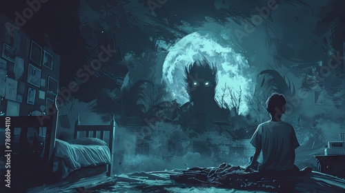 Little boy sitting on bed and afraid monster, children's fears concept