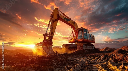 Illustrate a captivating scene where an excavator is actively engaged in earthmoving tasks under the mesmerizing canvas of a sunset. photo