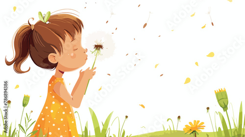 Cute girl blowing on dandelion flower seeds flying 