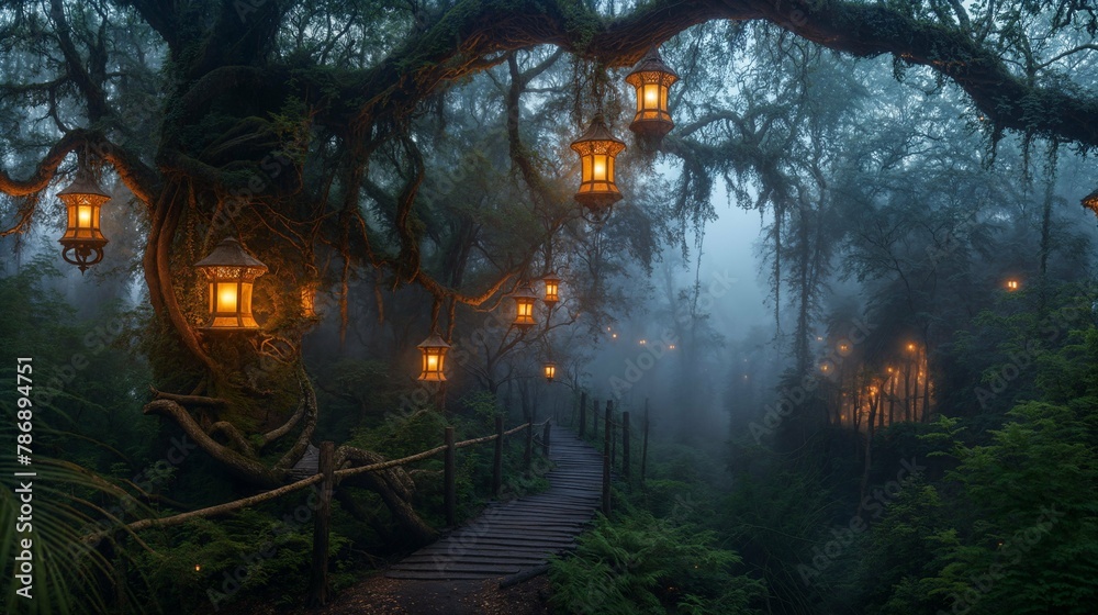 A mystical trail leads through an enchanted forest with glowing lanterns hanging in the trees