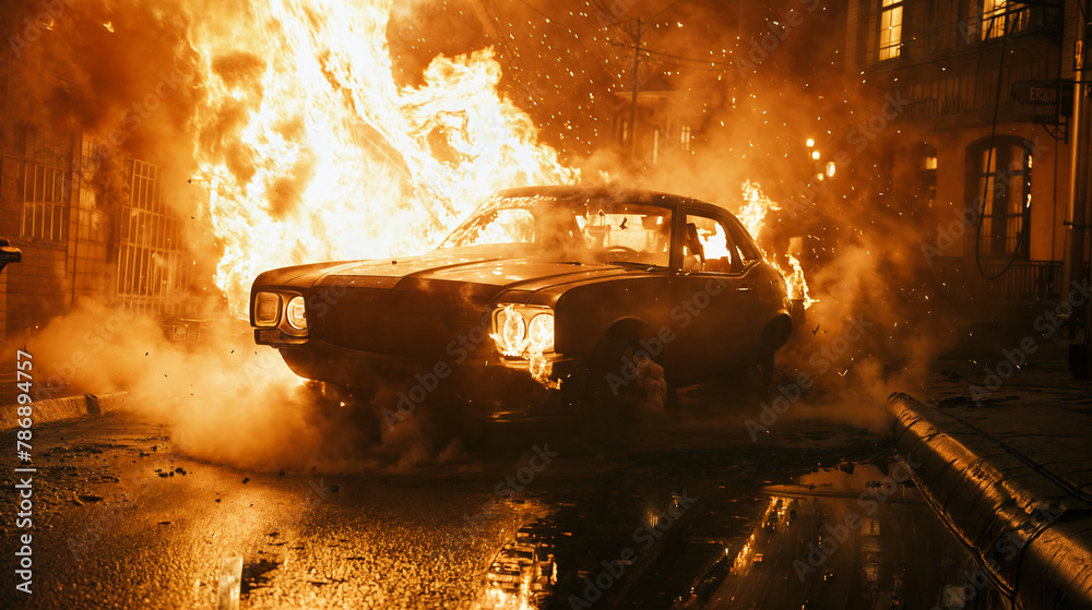 Old car on fire and burning Old car on fire and burning