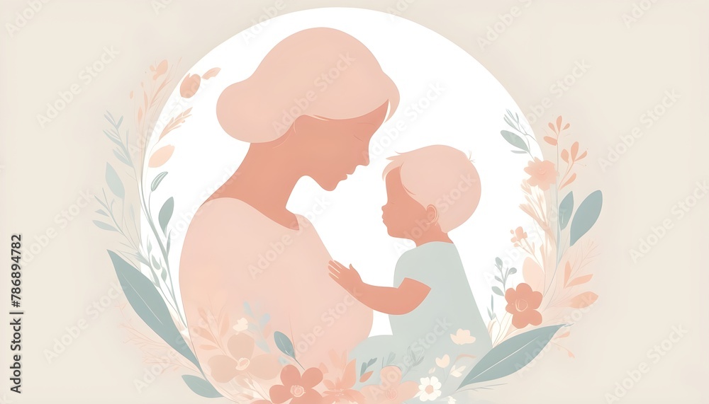 Mother's Day design featuring a delicate silhouette of a mother and child, rendered in clean lines and soft pastel colors, surrounded by subtle floral accents, conveying love and tenderness Mother's Day design featuring a delicate silhouette of a mother and child, rendered in clean lines and soft pastel colors, surrounded by subtle floral accents, conveying love and tenderness
