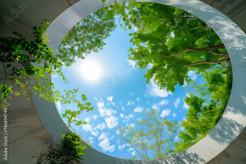 Architectural Marvel: Circular Structure with Lush Atrium and Sky Reflection photo