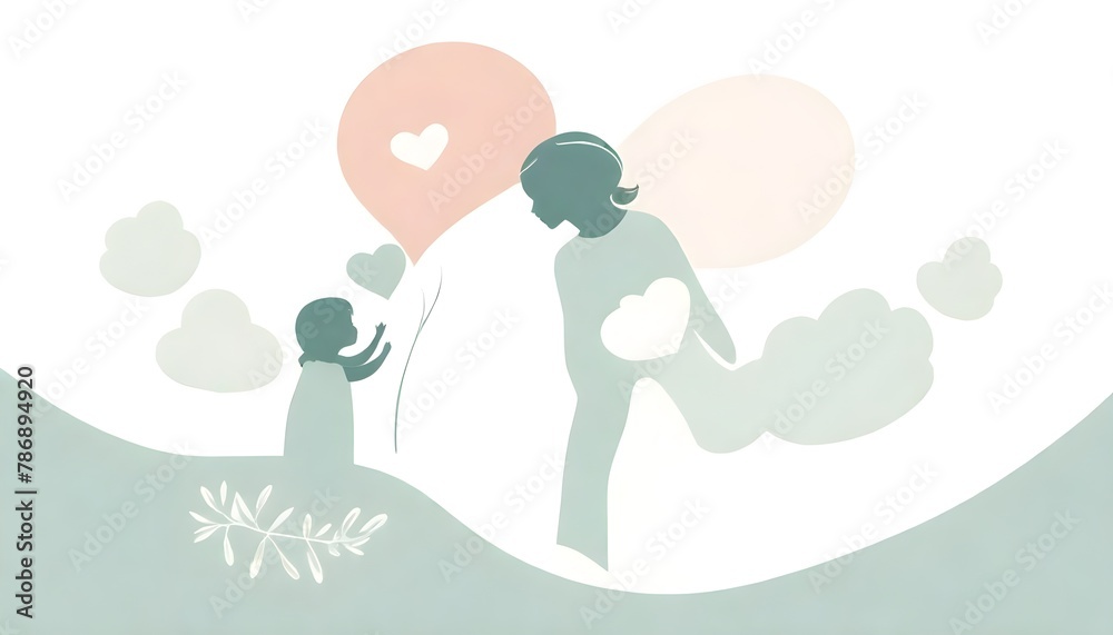 Mother's Day design featuring a delicate silhouette of a mother and child, rendered in clean lines and soft pastel colors, surrounded by subtle floral accents, conveying love and tenderness Mother's Day design featuring a delicate silhouette of a mother and child, rendered in clean lines and soft pastel colors, surrounded by subtle floral accents, conveying love and tenderness