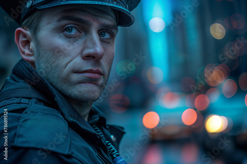 Policeman on patrol in city neighborhood