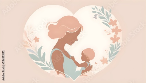 Mother s Day design featuring a delicate silhouette of a mother and child  rendered in clean lines and soft pastel colors  surrounded by subtle floral accents  conveying love and tenderness