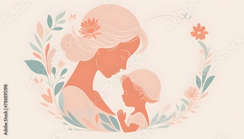 Mother's Day design featuring a delicate silhouette of a mother and child, rendered in clean lines and soft pastel colors, surrounded by subtle floral accents, conveying love and tenderness
