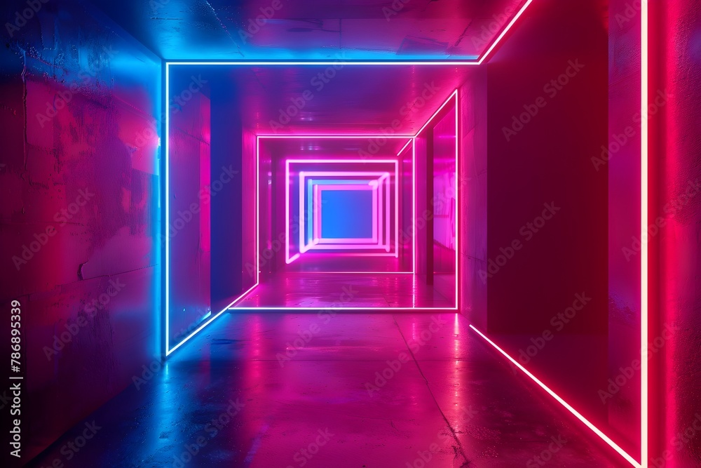 Mesmerizing Neon Geometric Tunnel:Futuristic Laser Light Backdrop for Nightclub Stage or Art Installation