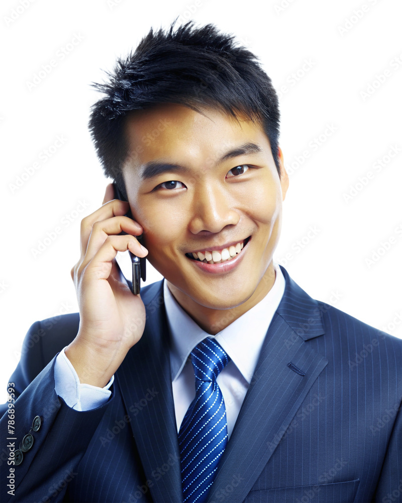 A business Asian man is talking on a cell phone. The file is in PNG format
A business Asian man is talking on a cell phone. The file is in PNG format