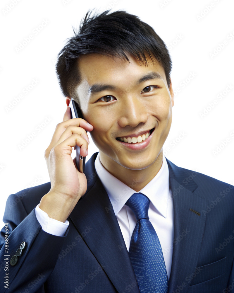 A business Asian man is talking on a cell phone. The file is in PNG format
