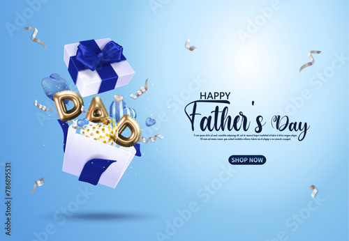 Blue Father's Day sales page, open gift box with flying heart balloons, DAD letter balloons and ribbons