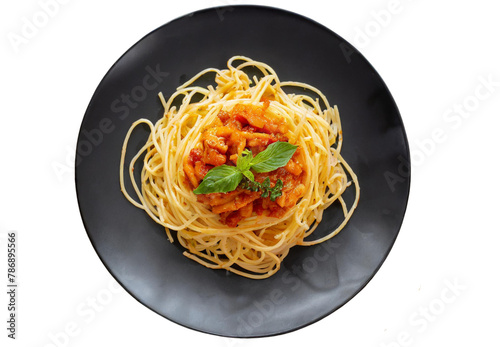 Delicious spaghetti served on a black plate top view on transparent background