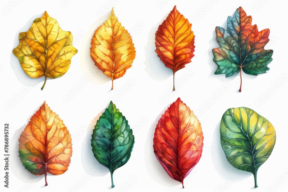 Watercolor set of colorful autumn leaves on a white background