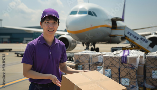 Airport workers loading airplane. Packages. Airport worker loading passenger luggage. Employee airplane,travel and transport concept