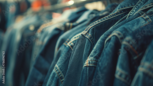 Rack of jeans in the store. Selective focus. Toned. photo