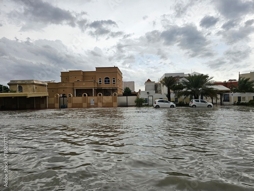 Flooded streets after heavy rain in Dubai, UAE. 