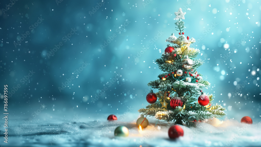 Christmas tree with decorations on a blue background. New Year concept.
