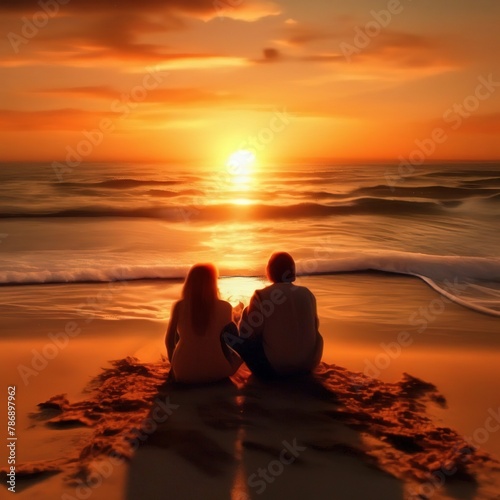 couple relaxing on the beach at sunset. tropical trip. © Ирина Самойлова